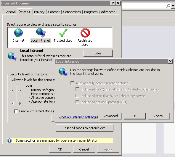 IE Intranet Sites disabled options